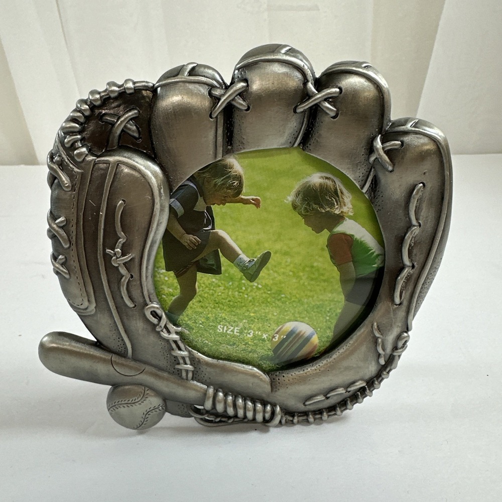 Baseball Glove 3x3 Picture Frame Pewter Metal Mitt Batt Ball 3 x 3 Photo Vintage